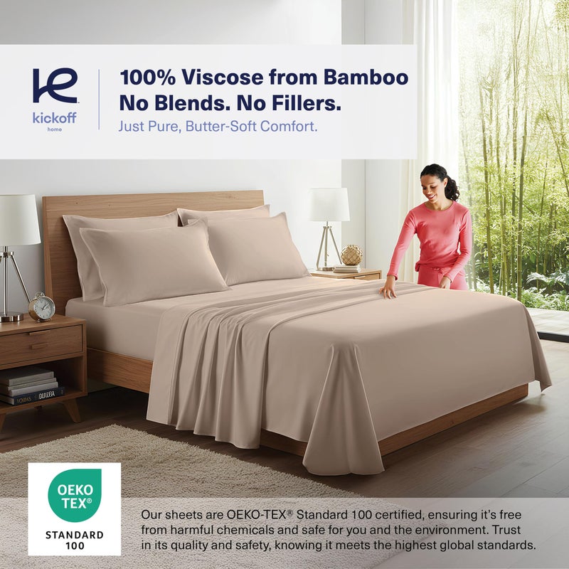 Kickoff Home Kickoff Viscose Bamboo Sheets Twin Size 3-pc 100% Organic Bamboo Viscose Bed Cooling Sheets Twin Size Set Cool Bedding for hot Sleepers Sheet, Flat, Fitted, Pillowcase (Iced Latte, T) - Image 2